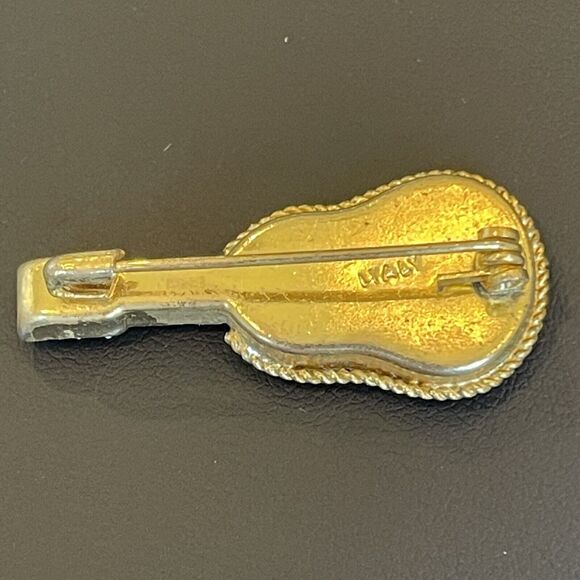 Vintage Italian Micro Mosaic Mandolin Guitar Brooch Signed Italy Flower Design - Picture 3 of 6